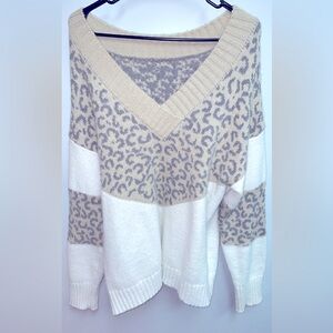 Color Block V Neck Cheetah Print Sweater
